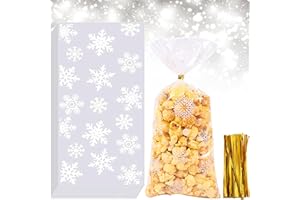 BELSVOR 100 Stück Plätzchentüten Weihnachten, 100PCS Cellophantüten weihnachten und 200 Stück Goldband, Kekstüten Weihnachten zur Aufbewahrung von Süßigkeiten/Keksen/Schokolade/Keksen/Nuss