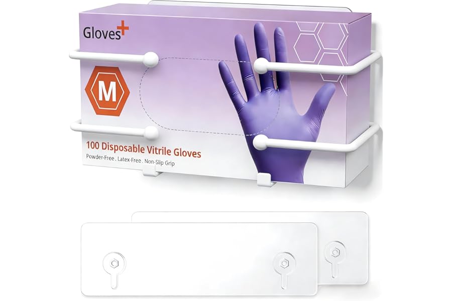 Josmimic Wall Mounted Glove Box Holder, Self Adhesive Metal Glove Dispenser for Disposable, Latex & Nitrile Gloves, Tissue & Wipes Storage, No Drill, White
