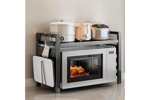 Mapille Mensola Microonde Salvaspazio Estensibile 40-64CM, Ripiani per Microonde con 6 Ganci 1 Tagliere Rack Regolabile Due Livelli Microonde Scaffale Supporto Microonde Cucina Organizzatore Ripiani