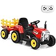 GYMAX Kids Electric Tractor with Detachable Trailer, Remote Control, LED Lights, Music, Horn, USB & Bluetooth, 12V Battery Powered Ride on Car for 3 Years Old + Boys Girls (Red)
