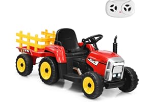 GYMAX Kids Electric Tractor with Detachable Trailer, Remote Control, LED Lights, Music, Horn, USB & Bluetooth, 12V Battery Powered Ride on Car for 3 Years Old + Boys Girls (Red)