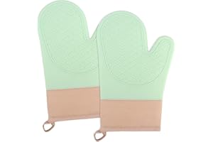 YARVPUV 2PCS Gant Cuisine,Gants de Cuisine Une Surface Antidérapante en Silicone, Intérieur en Coton, Vert,Gants Cuisine Résistant à la Chaleur,Gant pour Four de Cuisine