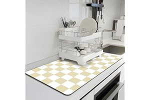 Abwaschmatte für die Küchentheke, 42 x 71CM Kariert Große Kaffeestation Matte, Super Saugfähig Fit unter Kaffeemaschine Pad, Espressomaschine Matten, Abtropfmatte Leicht zu Reinigen, Beige und Weiß