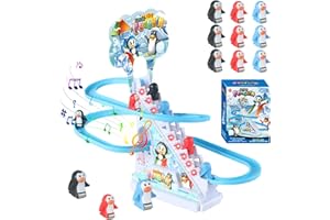 SPEPROECO Electric Penguin Climbing Stairs Toys with 9 Penguin Toys,Race Track Game with Music and Flashing LED Lights,Slide Rollercoaster Toys for Kids 3-8 Years Christmas Birthday Gift