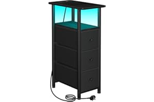 LOAKEKEL Slim Bedside Table with Charging Station, Narrow Side Table with LED Light, Small Sofa Table with 3 Fabric Drawers, End Table, Nightstand for Small Spaces, Living Room, Black UHETNDP03LBK-1