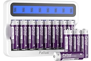 PALLUS Rechargeable AA Lithium Batteries with 8-Slot Charger - 12 Pack Long Lasting Lithium Double A Battery, High Capacity 3500mWh, 1500+ Cycles, for Controls, Toys, Wireless Mouse, Camera