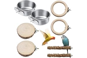 VEGOATY Lot de 8 perchoirs naturels pour oiseaux, gamelles en acier inoxydable à suspendre, planche de siège, cage à oiseaux, accessoires pour calopsittes, canaris, agapornides