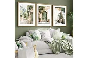 Uixxducc 3er Premium Abstrakt Mediterrane Architektur Steinmauern Rustikale Grüne Türen Wandkunst Poster Set, Modern Bilder Wandposter Für Wohnzimmer Schlafzimmer, Ohne Rahmen（30 * 40）