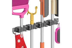 Quirlig Colgador Escobas y Fregonas Adhesivo, Soporte Escobas Pared Adhesivo con 4 Soportes y 2 Ganchos, Portaescobas con Tornillos, Colgador para herramientas de jardín, Negros