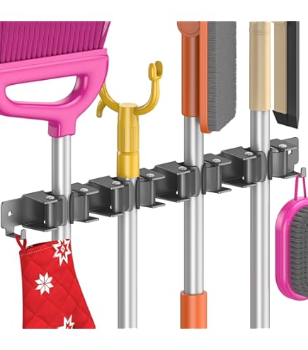 LETMY Bezem Houder Wandhouder - Mop en Bezem Hanger Houder - Garage Opslag Rack & Tuingereedschap Organizer - 5 Positie 6 Haken Bezem Rack voor Thuis, keuken, Tuin, Gereedschap, Garage Organisatie