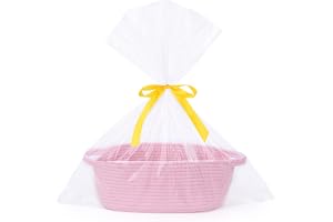 SweetMemo Gift Basket Empty to Fill with Handles, Woven Rope, Pink | Empty Woven Rope Basket with Gift Bag & Ribbon for Baby Shower, Birthday Gifting, Girls' Nursery Decor, 12x8x5 in