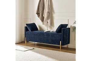 HULALA HOME Modern Storage Bench Ottoman with Arms & Metal Legs, Chenille Fabric and Upholstered Cushioned Adjustable Subdivided Box for Entryway Bedroom Living Room, NAVY
