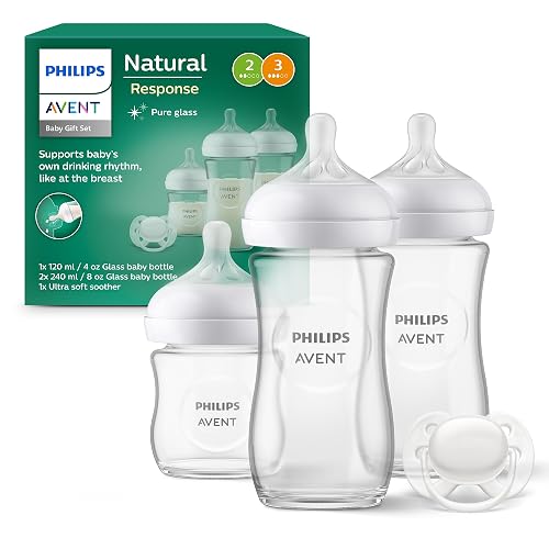 Philips Avent Babyflaschen aus Glas, Geschenkset für Neugeborene – 3 Babyflaschen Natural Response, ultra soft Schnuller, für Babys von 0–6 Monaten und älter (Modell SCD878/11)