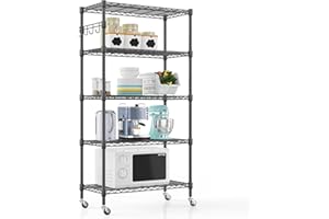 Himimi 5-Tier Wire Shelving Unit 350kg Capacity Adjustable Storage Shelves Heavy Duty Storage Rack with Wheels Metal Shelf for Closet Kitchen Garage Basement Black