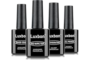 Luxbon 4 Pcs 15ml No Wipe Gel Top Coat and Base Coat Nail Primer Dehydrator Set - Long Lasting, Shine Finish, UV LED Nail Lamp Soak Off Gel Base Top Coat Manicure