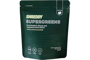 SHREDDY | Probiotic, Beauty, Superfood Greens Blend | 5 Billion Probiotics, 100% NRV Vitamins | 62 Nutrient-Rich Ingredients | Vegan-Friendly | Mango & Pineapple Flavour