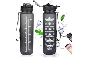 Gofady 1L Sports Water Bottles, Water Bottle with Time Marker and Straw, BPA Free,Leak Proof, Tritan Plastic, Motivational Large Drinking Bottle for Gym Outdoor Running Cycling Hiking (Black)