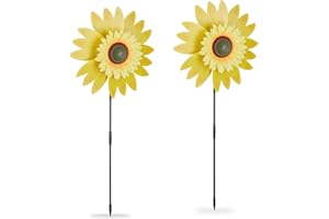 Relaxdays Molino Viento Girasol, Set de 2, Molinete para Jardín y Balcón, 76 x 29 x 8 cm, Encaje de Piezas, Amarillo
