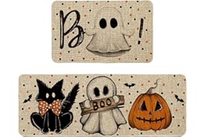 vohiko 2 Piece Kitchen Carpet Runners Non Slip Washable, Bats Black Cats Pumpkin Halloween Kitchen Mats Set, Halloween Outdoor Rug Halloween Kitchen Carpet, Comfortable Kitchen Carpet Runners