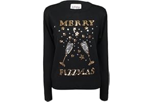 Xact Women’s Sequin Christmas Jumper – Novelty Festive Knitwear with Sparkling Designs – Funny “Merry Fizzmas” & “Christmas Spirit” Styles – Ladies Crew Neck Acrylic Jumper for Xmas Day