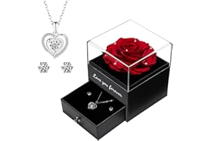 Miofula Preserved Real Rose with Necklace Earrings Christmas Gifts for Her, Handmade I Love You Eternal Rose with Necklace Anniversary Birthday Valentine's Day Gifts for Women Girlfriend Mum
