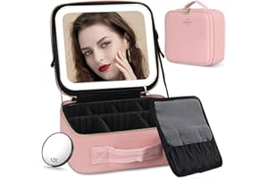 OFFOF Travel Makeup Bag Cosmetic Bag Makeup Organizer Bag with Lighted Mirror 3 Color Scenarios Adjustable Brightness, Waterproof Makeup Train Case(Pink)