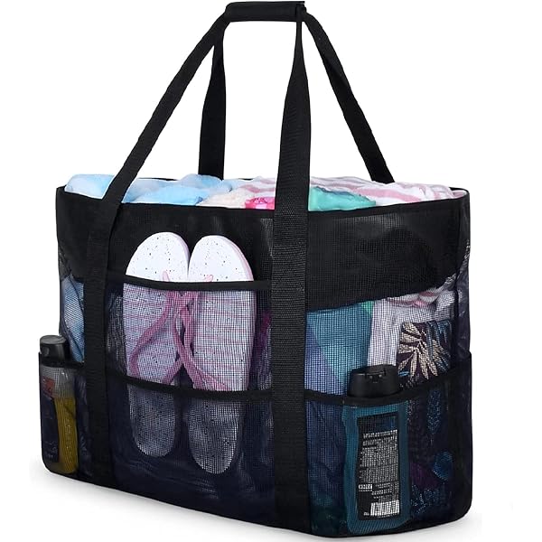 Sac De Plage Femme Grand Cabas - Sac Fourre-Tout En Maille Avec Poches - Pour Plage, Piscine, Voyage
