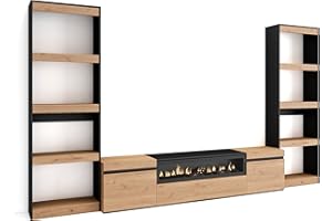 Skraut Home | Wohnwand Wohnzimmer | Wohnzimmermöbel, Möbelset | 320x186x35cm | Für TV-Geräte bis zu 80" | Elektrokamin. Maße | Moderner Stil | Eiche Schwarz