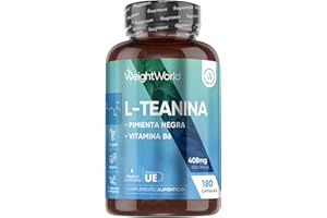WEIGHTWORLD L Teanina 400mg con Vitamina B6 y Pimienta Negra - 180 Cápsulas de las Hojas del Té Verde y Negro para 6 Meses de L Theanine Vegano, Sin OGM y Sin Lactosa