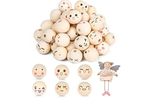 HOLDLEAF 48 Pezzi Palline di Legno con Faccine Sorridente，Perline in Legno Rotonde Naturale con Foro Grandi per Realizzare Braccialetto Artigianato Fai Da Te La Testa di Bambola