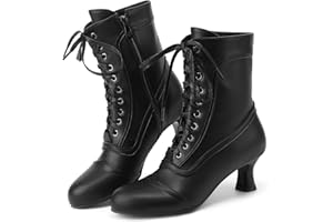 Voviggiw Stivali da donna vittoriani con lacci alla caviglia punta rotonda tacco gattino stivaletti vintage cerniera laterale