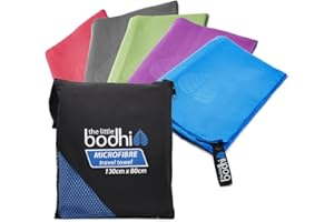 THE LITTLE BODHI Microfibre Towel large size 130cm x 80cm with carry bag - a quick dry towel in 4 stunning colours (blue, green, purple & pink). Great for travel, sports, gym, camping, swim, yoga, pilates, bikram, beach, bath or at home - the perfect travel towel