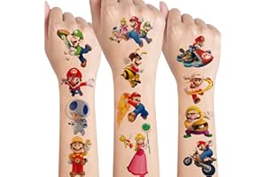SUNYOVIME 8 Feuilles Super Mario Tatouage Enfant,Tatouage Ephemere Enfant Mario kit,Etanche Faux Tatouage Enfant Garçon Fille,Cadeau Anniversaire Enfants Invites Petit Cadeau Pinata Décoration De Fête