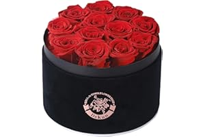 Dekun Rosen-Box Rund Ewige Rosenbox- 12 konservierte Rosen Rot in Box haltbar 1-3 Jahre - Geschenke für Mutter Freundin Ehefrau Oma; Geburtstag Valentinstag Ewige Blume (Black Box & Rot Rose)