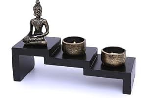 Zen Garten mit Buddha Figur - Japanischer Miniatur Garten - Feng Shui Kerzenhalter - Esotherik Set mit 2 Teelichtern - Glücksbringer aus dem Buddhismus und Daoismus (als Teelichthalter)