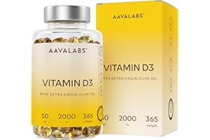 AAVALABS Vitamina D3 2000 UI [Fornitura di 1 Anno] - Integratore Vitamina D 2000 UI con Olio EVO per assorbimento ottimale - Non OGM - Contribuisce alla funzione ossea, muscolare e immunitaria - 365 Capsule