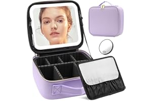 JADAZROR Trousse de Maquillage avec Miroir et Lumière, Organisateur de Maquillage de Voyage 3 Couleurs LED, Cosmétique Portable avec Séparateurs Réglables, Violet