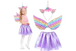 HONMOK 3 Piece Kids Unicorn Wings Costume, Unicorn Princess Fancy Dress Include Unicorn Headband Fairy Wings Tutu Dress, Unicorn Outfit Gifts for 3-10y Girls Birthday Party