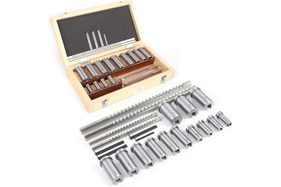 22PCS Keyway Broach Set, Metric Broaching Cutter Set with 4 Broaches & 13 Bushings, 5 Shims, High Precision Lathe Keyway Cutting Tools for Metalworking Processing Cutting