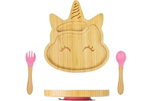 wooshwa Ventouse en Bambou pour Bébés, Assiette Bébé Divisée Antidérapante avec Couverts Enfant (Rose, Licorne)