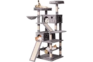 JISSBON Cat Tree Tower 178cm, Multi-Level Cat Scratching Post with Condos, Ladders, Basket, Hammock & Plush Perches for Kittens, Large Cats, Light Grey