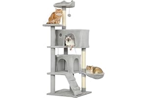 PawHut Árbol Rascador para Gatos, Árbol para Gatos 140 cm, Torre Escalador con Múltiples Plataformas, Cama, 2 Cuevas, Hamaca, Escalera, Postes de Sisal, Bolas para Jugar, Gris Claro