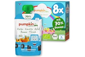 ‎PUMPKIN ORGANICS Pumpkin Organics Bio Gemüse-Quetschies 8er Pack Kürbis, Karotte, Apfel, Banane, Pfirsich ohne Zuckerzusatz¹ - ab dem 6. Monat - als Snack oder Beikost für unterwegs - glutenfrei (8x100g)