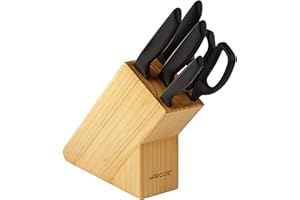 ARCOS Juego de Cocina de 5 Piezas: 4 Cuchillos + Tijeras en Bloque de Madera. Set de Cuchillos ocn Hoja de Acero Inoxidable y Mango de Polipropileno. Serie Niza. Color Negro