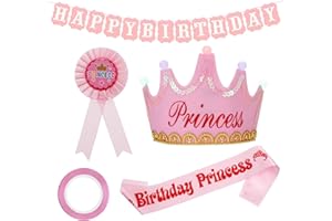Popuppe 4 Pieces Birthday Princess Decorations Set Includes Birthday Princess Sash and Tiara, Birthday Crown, Birthday Award Badge, Birthday Banner, Birthday Supplies for Girls Party(Pink)