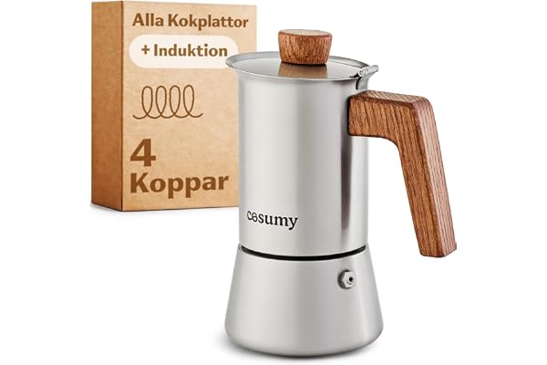 Cosumy Espressomaskin av rostfritt stål och hållbart ekfat - För 4 koppar - Lämplig för induktion - Med extra silikonförsegling - 200ml