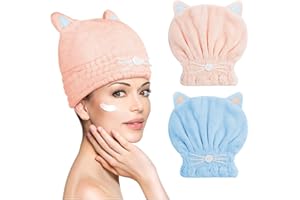 ACWOO Hair Turban Towel, 2 Pack Ultra Absorbent Coral Fleece Hair Dry Cap Cute Hair Turban Towel, Soft Microfiber Hair Drying Towels Fast Dry Bath Head Wrap for Women, Girls