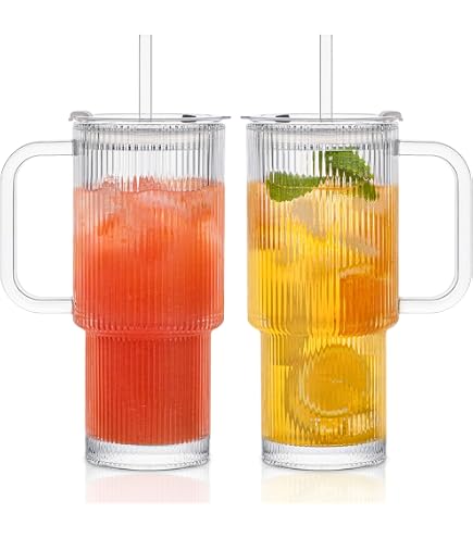 INSETLAN Set 2 Bicchieri In Vetro Da 760 Ml Con Manico E Coperchio – A Coste, Con Cannucce Riutilizzabili, Ideali Per Caffè Freddo, Tè, Frullati, Travel Mug