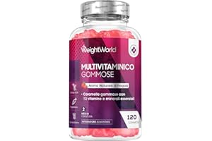 WEIGHTWORLD Multivitaminico Completo Vegetariano con 13 Vitamine e Minerali, 120 Caramelle Gommose alla Fragola (2 Mesi), Integratore Multivitaminico Donna e Uomo con Vitamina C, D3, Gruppo B, E, A, Zinco, Iodio