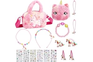 Livdouyu Einhorn-Tasche und Schmuckset für Mädchen - Halskette, Armband, Ring, Haarschmuck, Aufkleber - Geschenke für 3-7 Jahre